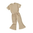 thumbnail image 1 of Bslissey Toddler Little Girls 2Pcs Summer Outfits Short Sleeve Ribbed T-shirt Tops + Elastic Band Flare Pants 12M 18M 24M 3T 4T 5T Kids Casual Long Pants Sets, 1 of 9