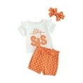 thumbnail image 1 of Bslissey Toddler Little Girls 3Pcs Summer Outfits Short Sleeve Letter Print T-shirt Tops + Dot Shorts + Bow Headband Sets Infant Casual Cute Clothes 12M 18M 24M 3T 4T 5T, 1 of 9