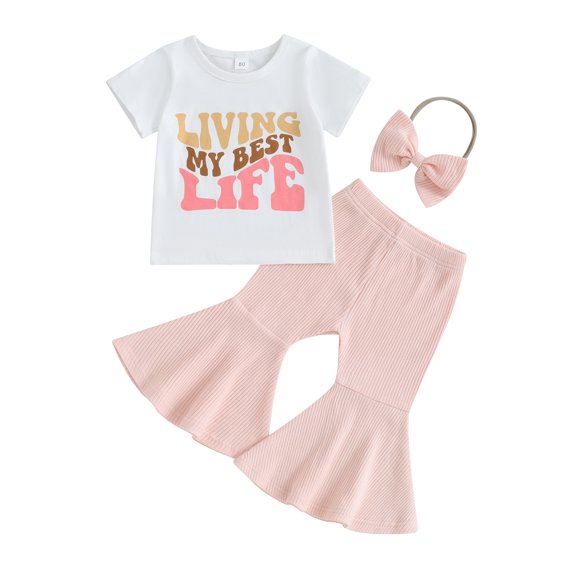 Bslissey Toddler Little Girls Long Pants Sets Short Sleeve Letter Print T-shirt Tops + Flare Pants + Headband 3Pcs Outfits Infant Baby Casual Summer Clothes 6M-4T
