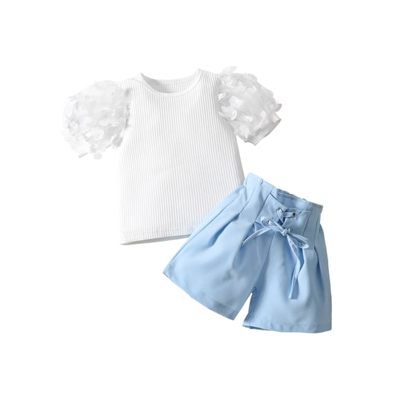 Bslissey Toddler Little Girls Shorts Sets Patchwork Mesh Short Sleeve Ribbed Tops + Tie Up Solid Color Shorts 2Pcs Outfits 1T 2T 3T 4T 5T 6T Kids Casual Summer Clothes