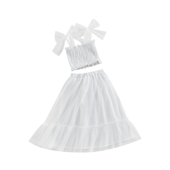 Bslissey Toddler Little Girls Skirts Sets Sleeveless Tie Up Smocked Crop Tank Tops + Mesh Long Skirt 2T 3T 4T 5T 6T Kids Casual Summer Solid Color 2Pcs Outfits for Party Wedding