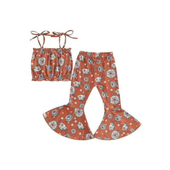 Bslissey Toddler Little Girls Summer Clothes Sunflower Print Sleeveless Tie Up Crop Cami Tops + Flare Pants Sets 6M 12M 2T 3T 4T 5T Kids Casual Sweet 2Pcs Outfits