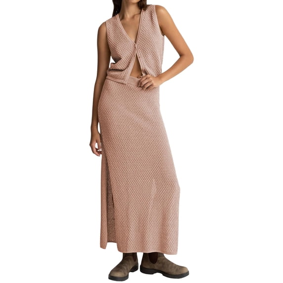 Bslissey Women's Fashion Knitted Outfits Sleeveless V-Neck Button Tank Tops with Elastic Waist Split Long Skirt 2Pcs Ladies Solid Color Skirts Sets for Daily Street