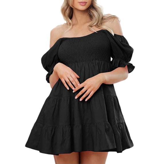 Bslissey Women's Fashion Summer Mini Dress Short Puff Sleeve Off Shoulder Tiiered Ruffle A-line Dress Ladies Casual Sexy Short Party Dress for Cocktail Streetwear