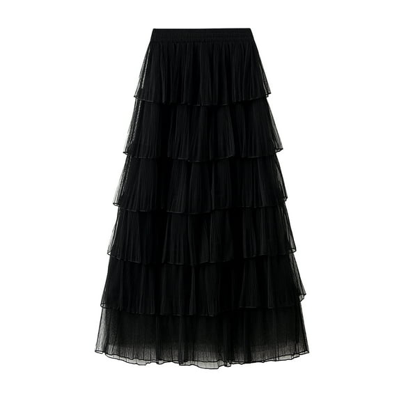 Bslissey Women's Midi Tulle Skirt Solid Color Elastic Waist A-Line Skirt Ladies Fashion Casual Flowy Layered Long Cake Skirt