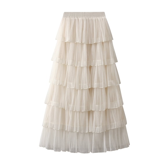 Bslissey Women's Midi Tulle Skirt Solid Color Elastic Waist A-Line Skirt Ladies Fashion Casual Flowy Layered Long Cake Skirt