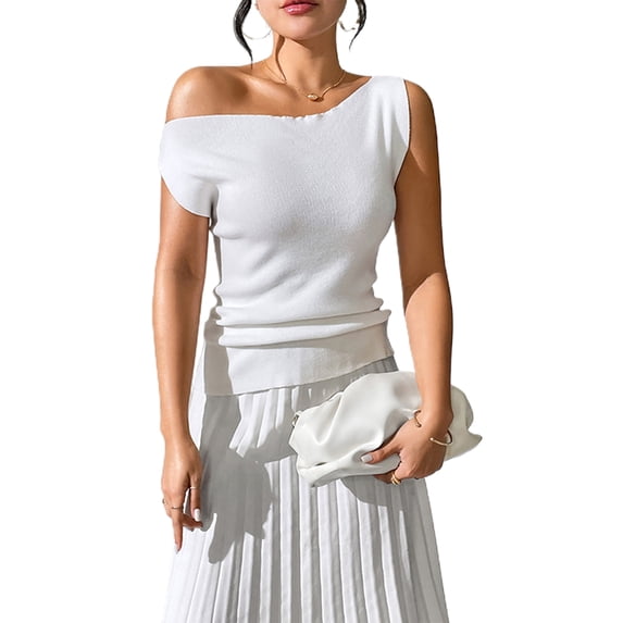 Bslissey Women's Off One Shoulder Tops Sleeveless Asymmetrical Neck Slim Fit T-shirt Ladies Fashion Solid Color Tank Tops for Office Streetwear