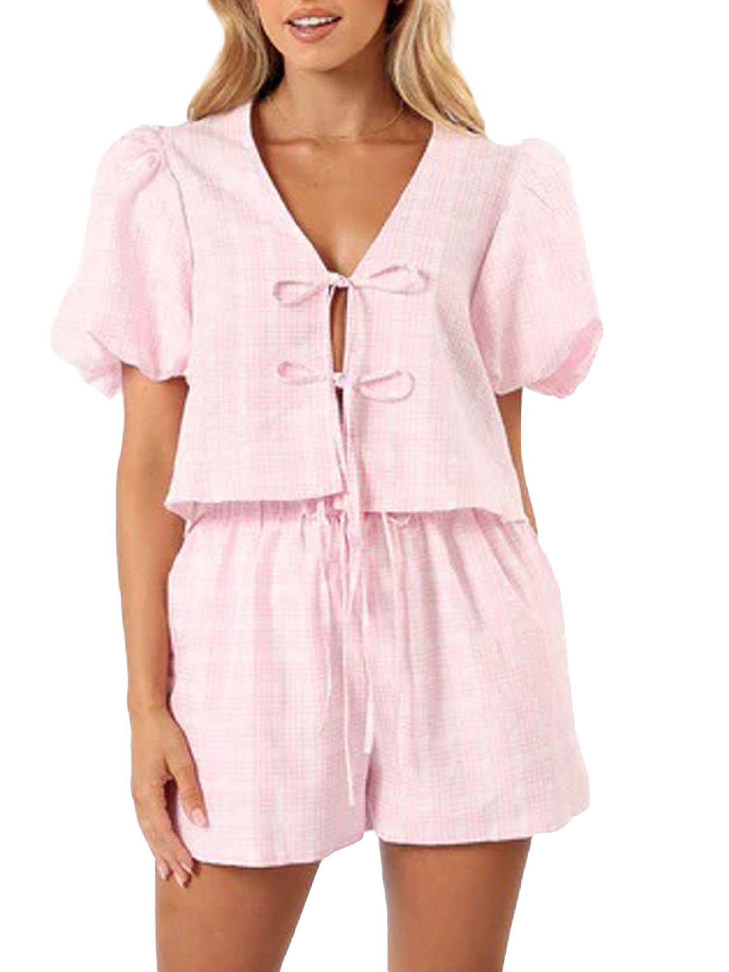 Plaid Snap Down Long Sleeve Top and Shorts Lounge Set