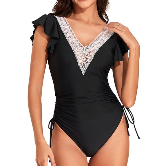 Bslissey Women's Shapewear Swimwear Ruffle Sleeveless Lace Patchwork V Neck Monokini Swimsuit Ladies Fashion Side Drawstring One Piece Bathing Suit for Summer