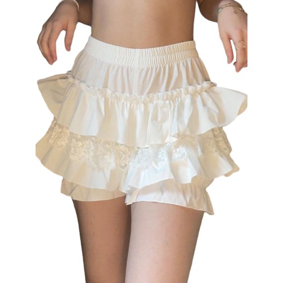 Bslissey Women's Skorts Shorts Solid Color High Waist Lace Layered Ruffles Short Pants Ladies Casual Shorts for Streetwear S M L