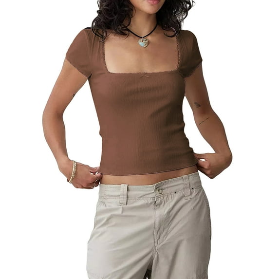 Bslissey Women's Slim T-shirt Short Sleeve Lace Trim Square Neck Shirt Ladies Basic Solid Color Summer Crop Tops for Streetwear