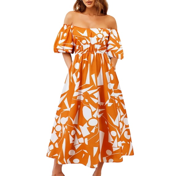 Bslissey Women's Summer Bohemian Long Dress Short Puff Sleeve Off Shoulder Graphic Print A-line Dress Ladies Casual Fashion Flowy Swing Dress for Club Party Vacation