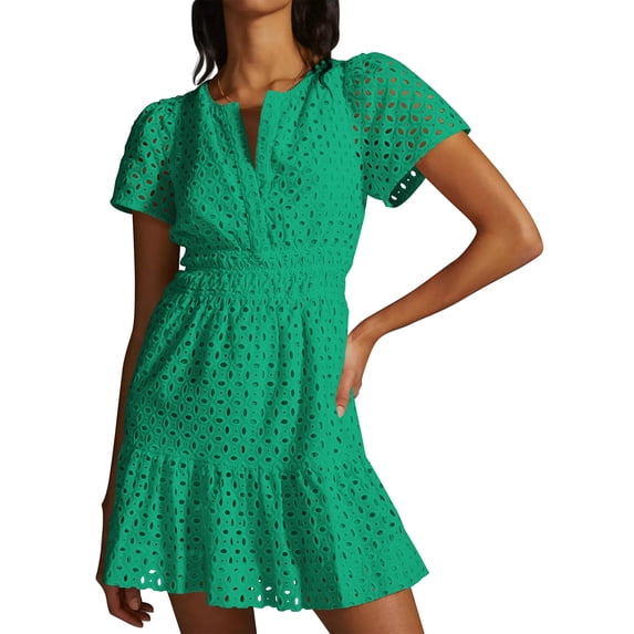 Bslissey Women's Summer Mini Dress Pointelle Short Sleeve V-neck A-line Dress Ladies Fashion Slim Smocked Waist Ruffled Short Party Dress for Beach Club Streetwear