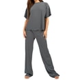 thumbnail image 1 of Bslissey Women's Summer Stripe Print Outfits Short Sleeve T-shirt Tops with Elastic Waist Trousers 2Pcs Ladies Soft Long Pants Sets for Loungewear Streetwear, 1 of 6