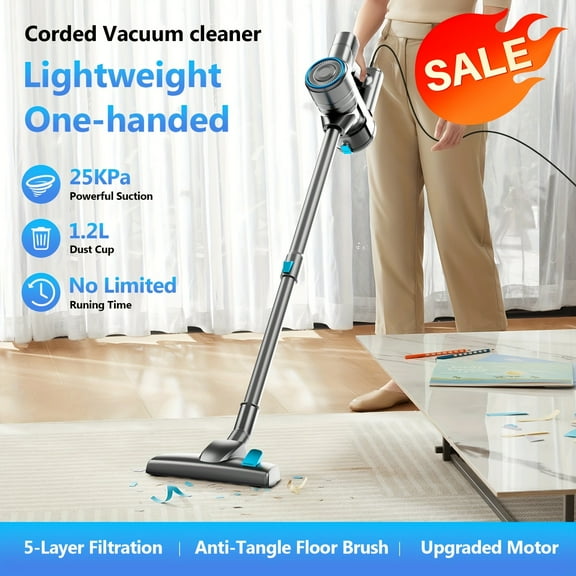 Bsnaw 600W Corded Stick Vacuum - 18-25KPa Suction, HEPA Filter, LED Display - 22ft Cord for Hard Floors & Carpets