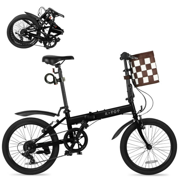 Bstjewey 20" Adult Folding Bike, 7 Speed Lightweight City Commuter Bicycle with Basket,Black