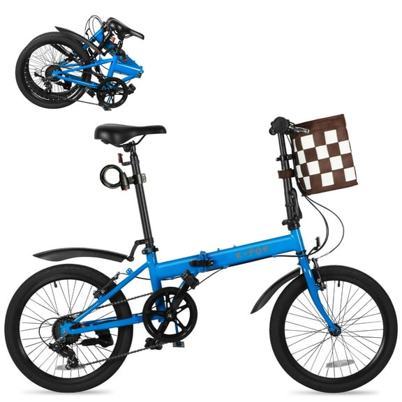 Bstjewey 20" Adult Folding Bike, 7 Speed Lightweight City Commuter Bicycle with Basket,Blue