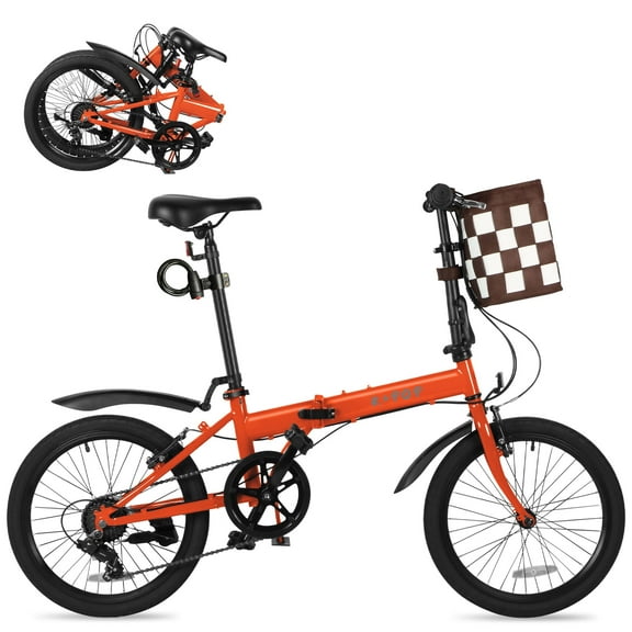 Bstjewey 20" Adult Folding Bike, 7 Speed Lightweight City Commuter Bicycle with Basket,Orange