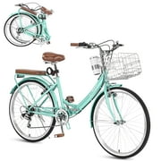 Bstjewey 24 Inch Folding Women’s Beach Cruiser Bike, 7-Speed, Basket & Cup Holder