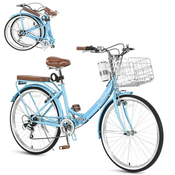 Bstjewey 24 Inch Folding Women’s Beach Cruiser Bike, 7-Speed, Basket & Cup Holder