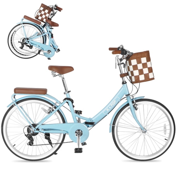 Bstjewey 26 in Blue Women's Cruiser Bike with 7-speed gear and front basket, folded and rear rack