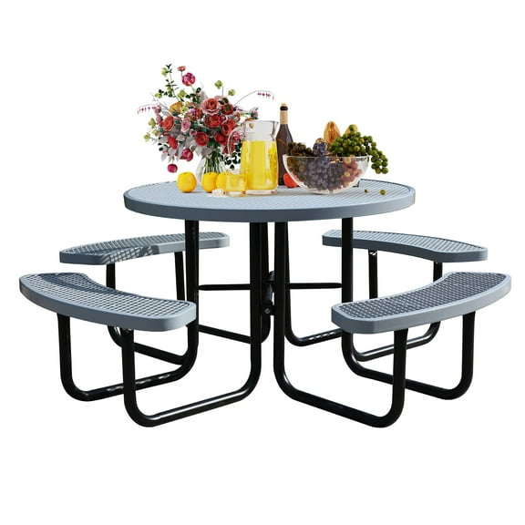 Bstjewey 46" Weatherproof Round Steel Picnic Table with 4 Bench,Gray