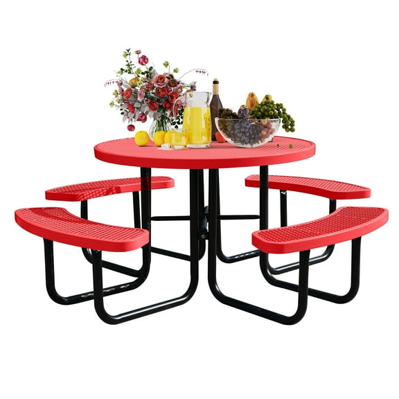 Bstjewey 46" Weatherproof Round Steel Picnic Table with 4 Bench,Red