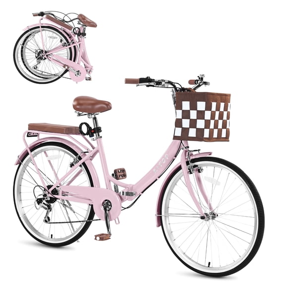 Bstjewey Folding Women’s Cruiser Bike 24", 7-Speed, Women Bicycle Basket & Rack