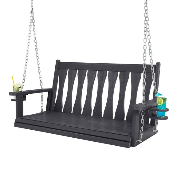 Bstjewey HIPS All-Weather Hanging Porch Swing, 2-Seat Swing Bench with Cup Holders, Patio Swing Chair with Stainless Steel Chains