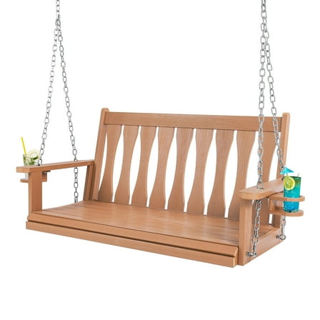 Bstjewey HIPS All-Weather Hanging Porch Swing, 2-Seat Swing Bench with Cup Holders, Patio Swing Chair with Stainless Steel Chains