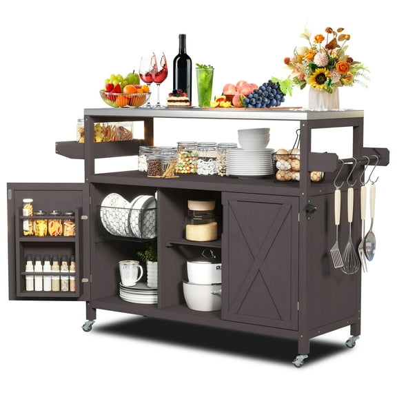 Bstjewey Outdoor Kitchen Island Grill Cart with Stainless Steel Top, Wood, Spice Rack & Storage