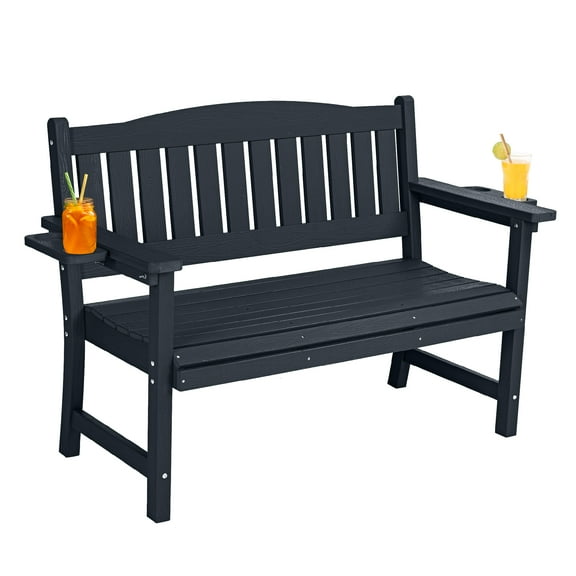 Bstjewey Outdoor Patio Bench, 2-Person HIPS Seat, 800 lbs, Black, Wood Grain