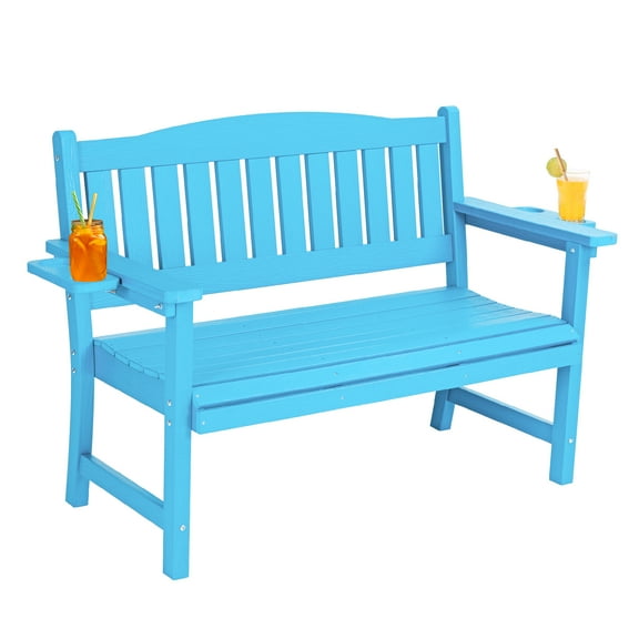 Bstjewey Outdoor Patio Bench, 2-Person HIPS Seat, 800 lbs, Blue, Wood Grain