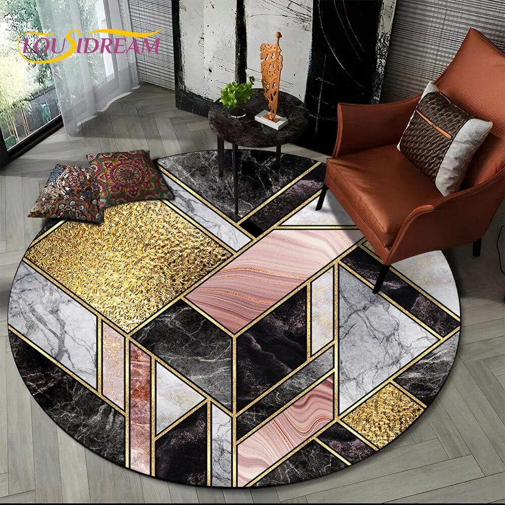 Bstract Geometry Marble Colour Gold Round Area Rug Circle Carpet for ...