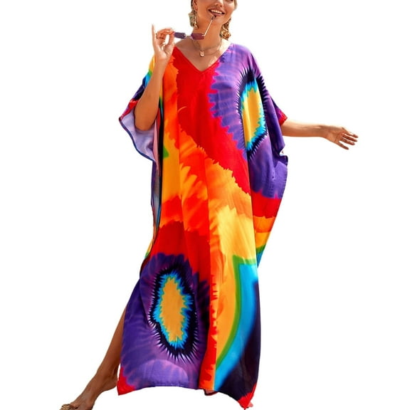 Bsubseach Colorful Caftan Dress for Women Long Swimsuit Beach Bikini Cover Ups Plus Size