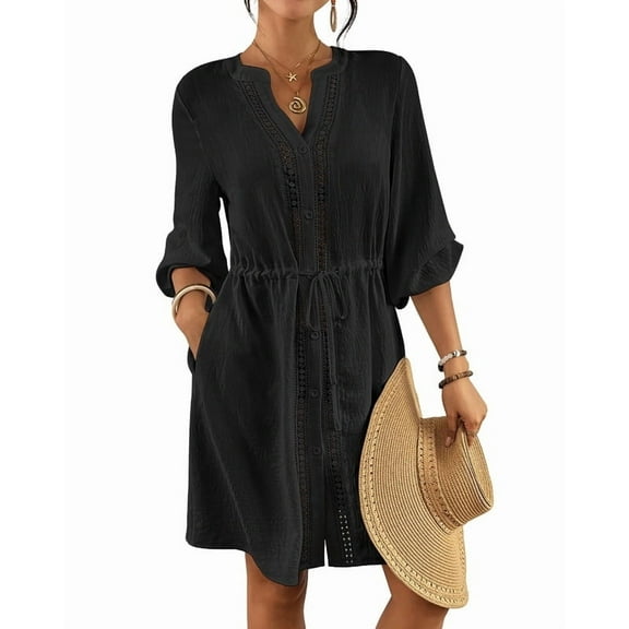 Bsubseach Bathing Suit Cover Up for Women Button Down Dress Drawstring Swim Coverups with Pockets