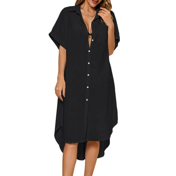 Bsubseach Beach Coverup Button Down Resort Wear Black Swimsuit Cover Up Summer Long Dress