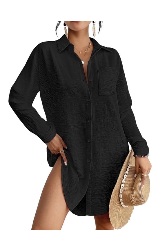 Button Down Bathing Suit Cover Up for Women Long Sleeve Shirt Dress Beach Vacation Clothing