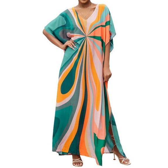 Bsubseach Colorful Kaftan for Women Geometric Bathing Suit Coverups Casual V Neck Beach Dress