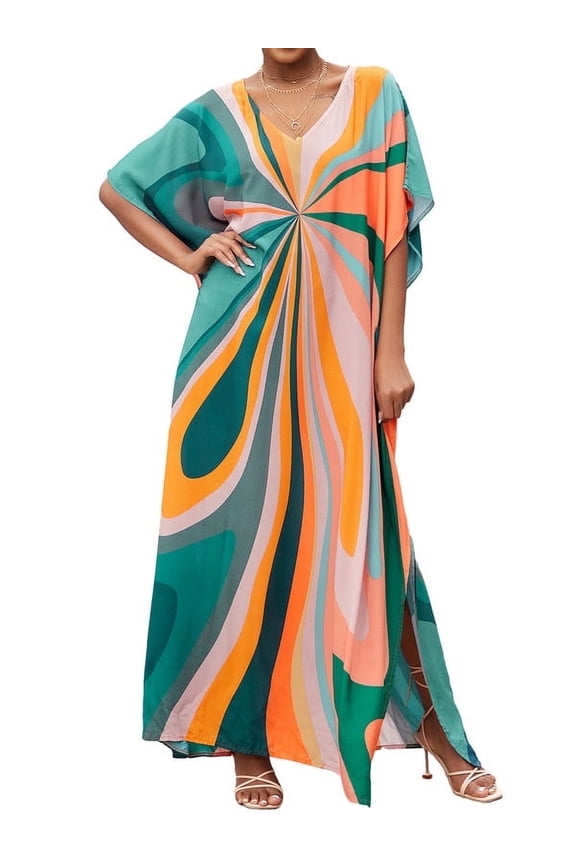 Colorful Kaftan for Women Geometric Bathing Suit Coverups Casual V Neck Beach Dress