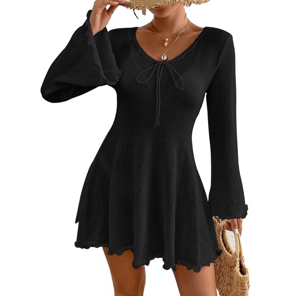 Bsubseach Crochet Beach Cover Ups for Women Bell Sleeve Summer Knit Sheer Dress Swimwear Coverup