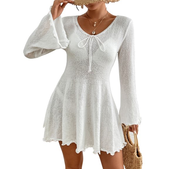 Bsubseach Crochet Beach Cover Ups for Women Bell Sleeve Summer Knit Sheer Dress Swimwear Coverup