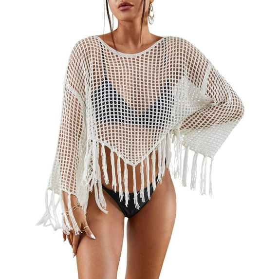 Bsubseach Crochet Cover Up for Swimwear Women Hollow Out Swimsuit Coverup Long Sleeve Beach Top White