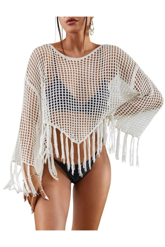 Crochet Cover Up for Swimwear Women Hollow Out Swimsuit Coverup Long Sleeve Beach Top White