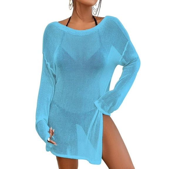 Bsubseach Crochet Swimsuit Cover Ups for Women Sheer Knitted Beach Tops Light Blue Summer Outfits
