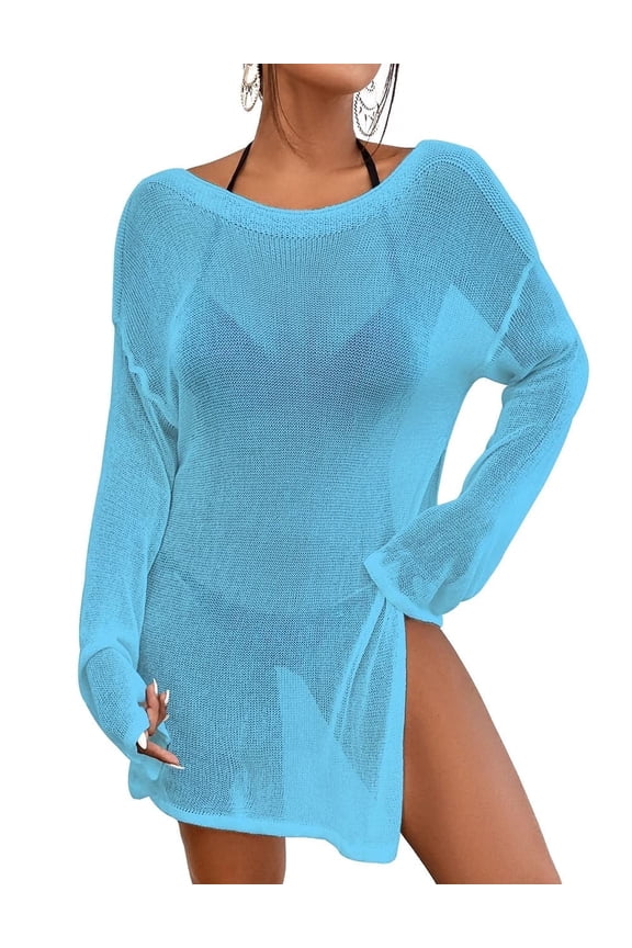 Crochet Swimsuit Cover Ups for Women Sheer Knitted Beach Tops Light Blue Summer Outfits