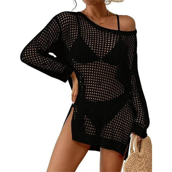 Bsubseach Crochet Swimsuit Cover Ups for Women Sheer Knitted Beach Tops Sexy Mesh Summer Outfits Black
