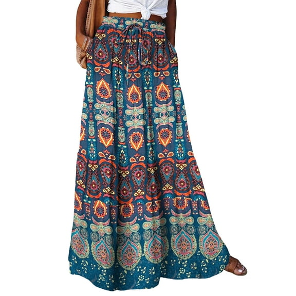 Bsubseach Ethnic Pattern Long Dress for Women Boho Casual Skirts with Pockets