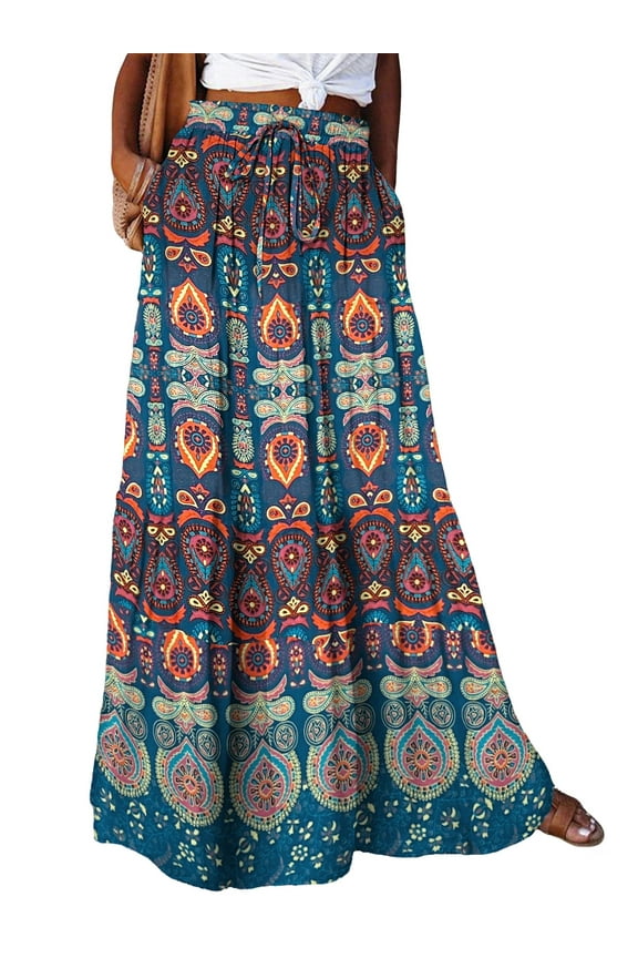 Ethnic Pattern Long Dress for Women Boho Casual Skirts with Pockets