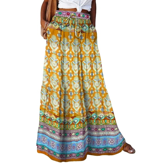 Bsubseach Ethnic Pattern Long Dress for Women Boho Casual Skirts with Pockets